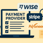 Flat illustration showing top online payment providers Wise, Stripe, and Payoneer on a laptop screen, representing the best payment platforms in 2025