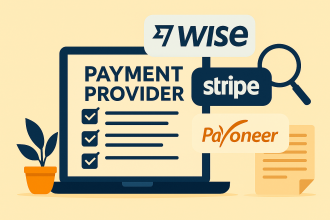 Flat illustration showing top online payment providers Wise, Stripe, and Payoneer on a laptop screen, representing the best payment platforms in 2025