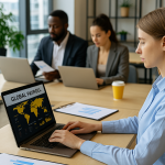 A professional business setting showing a remote HR team managing payroll on laptops in a modern coworking space.
