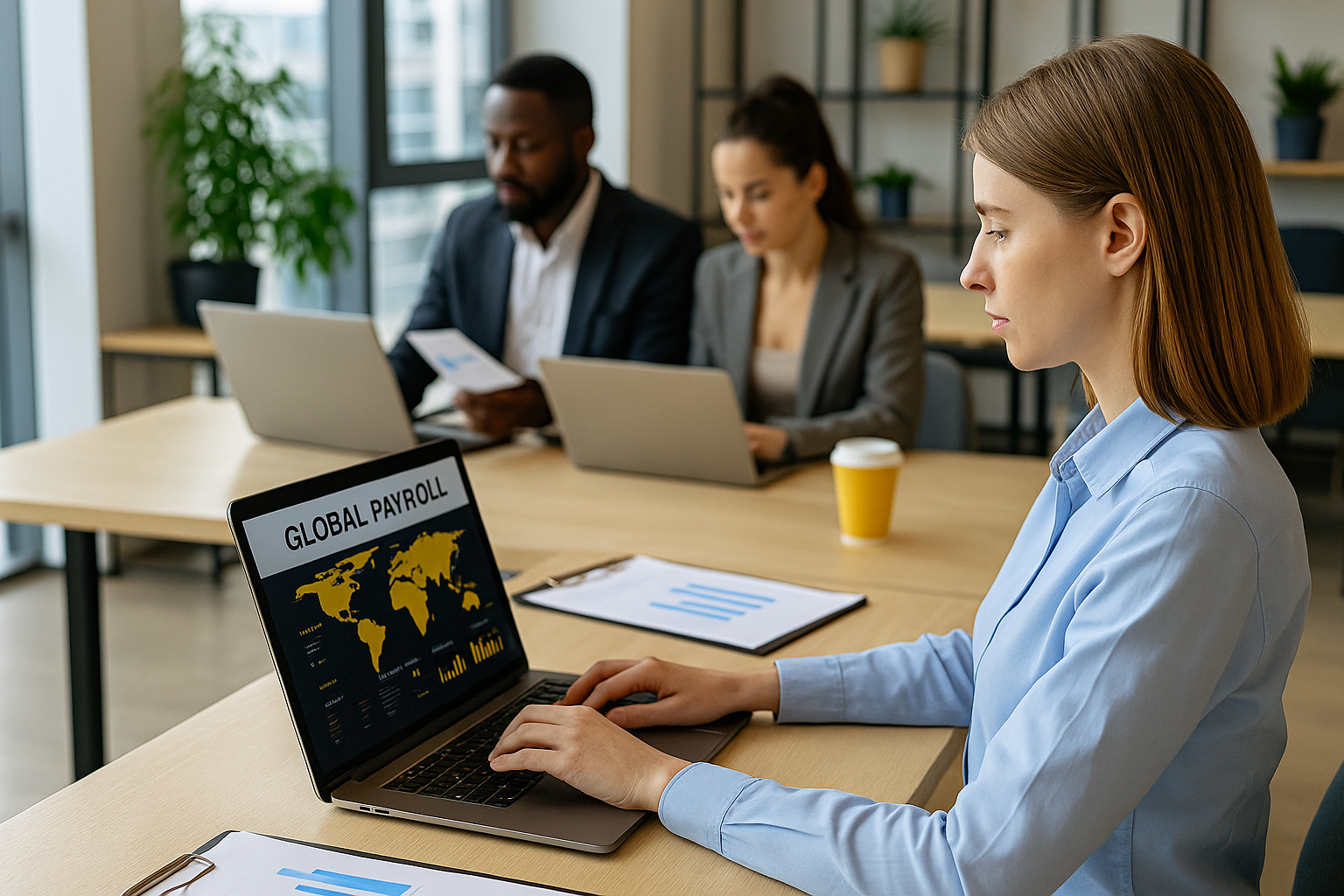 A professional business setting showing a remote HR team managing payroll on laptops in a modern coworking space.