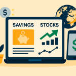 Illustration of a modern investment platform interface with savings and stock options in 2025