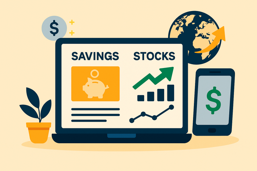 Illustration of a modern investment platform interface with savings and stock options in 2025