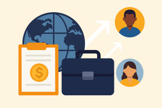 nternational money transfers illustration – business person sending global payments via online platform