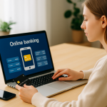 Freelancer using a laptop to manage finances via online banking app