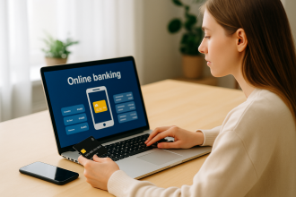 Freelancer using a laptop to manage finances via online banking app