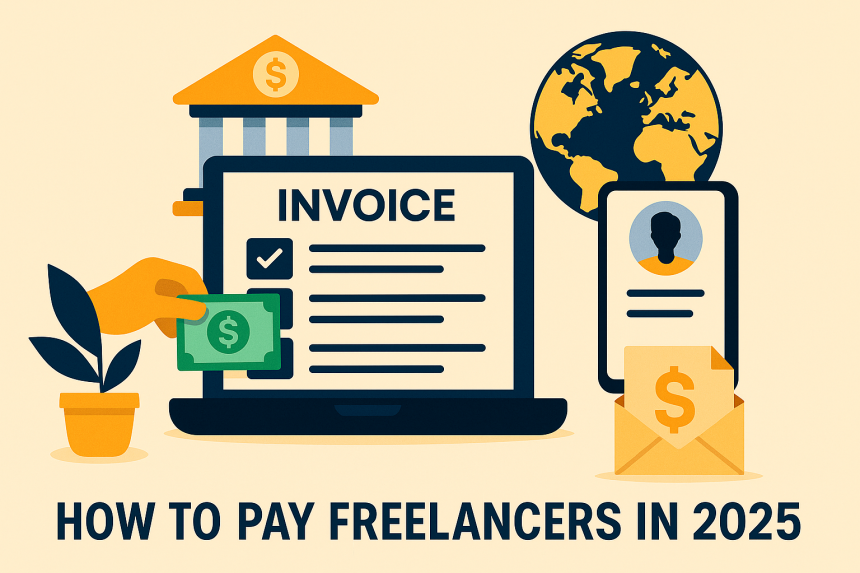 Paying freelancers globally in 2025 using invoice and digital tools illustration