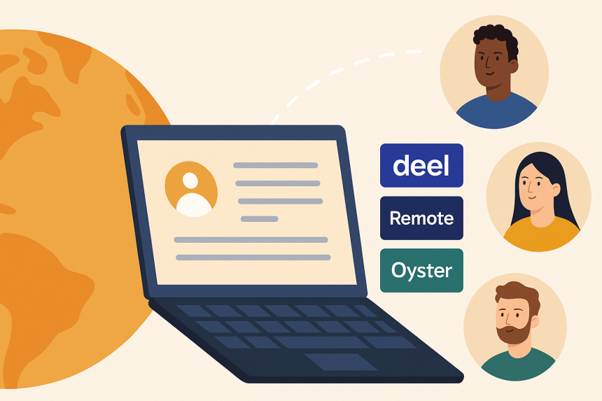 Flat-style digital illustration showing global payroll setup for remote employees using Deel, Remote, and Oyster