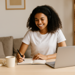 A young woman working on a laptop, managing international payments for freelancers in a modern office setting