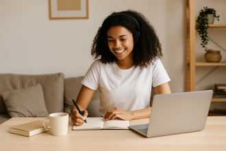 A young woman working on a laptop, managing international payments for freelancers in a modern office setting