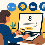 Person working remotely on laptop with digital payment icons around, symbolizing global online financial platforms.