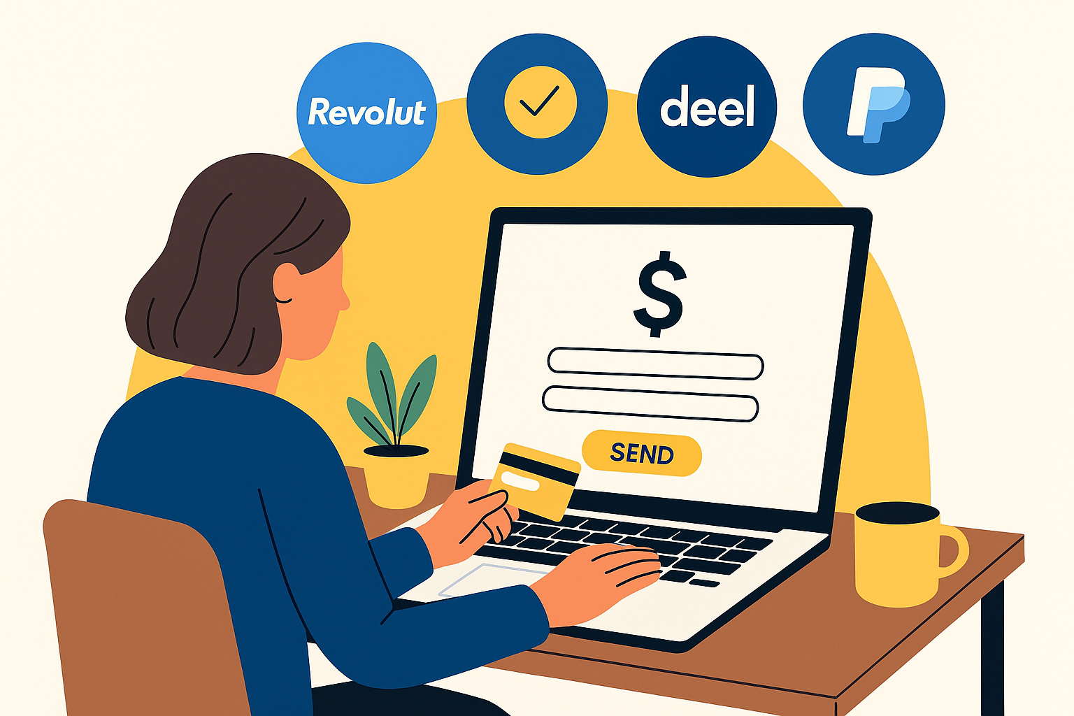 Person working remotely on laptop with digital payment icons around, symbolizing global online financial platforms.