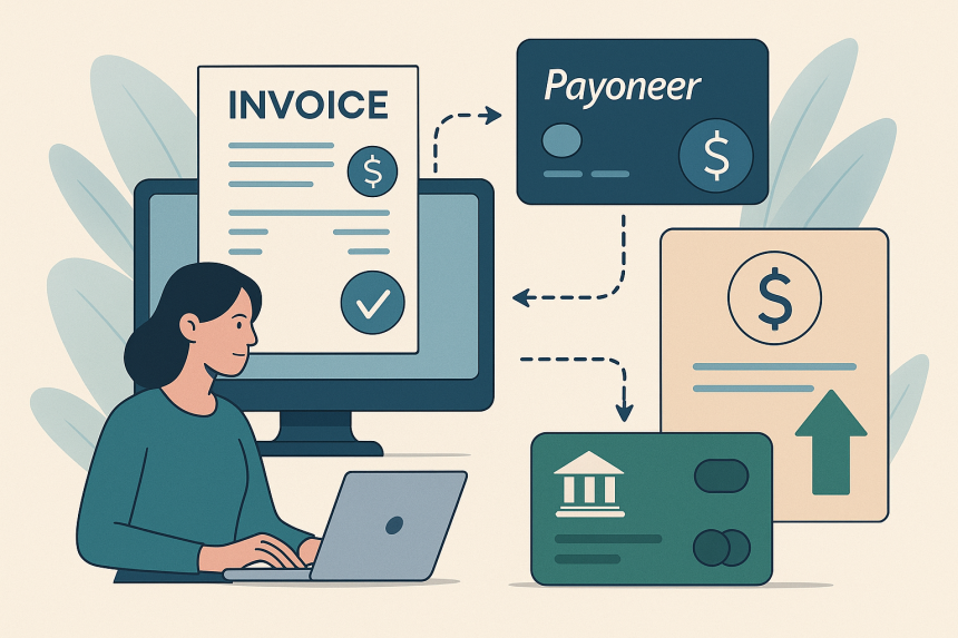 Digital illustration representing Payoneer payment process for freelancers and businesses in 2025
