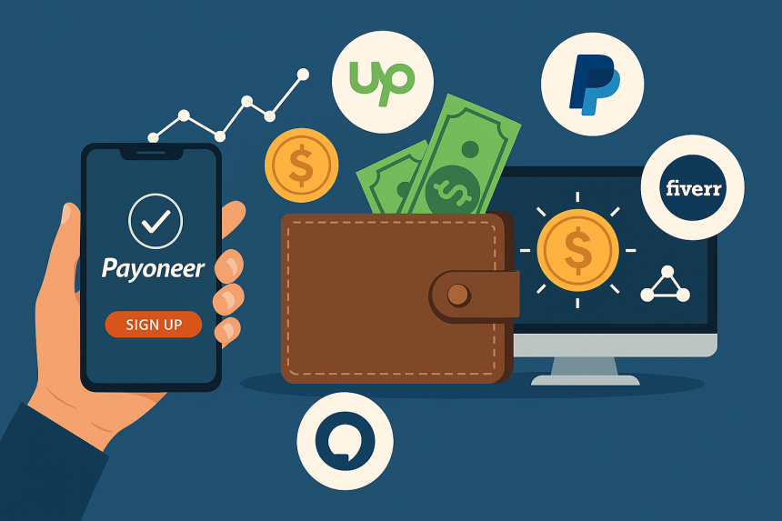 Digital payment management with Payoneer app, wallet, and freelance platforms
