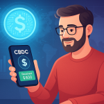 Freelancer receiving international CBDC payment via smartphone with futuristic financial interface