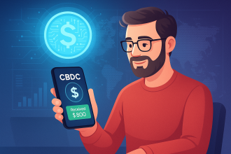 Freelancer receiving international CBDC payment via smartphone with futuristic financial interface