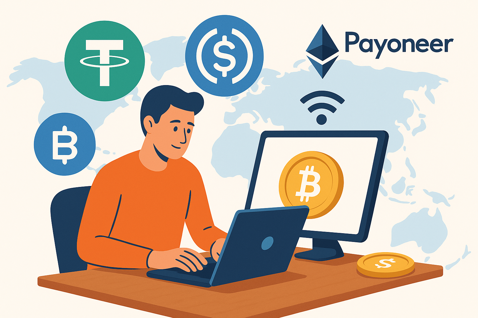 Freelancer receiving crypto payments in USDT and USDC with Payoneer fiat withdrawal