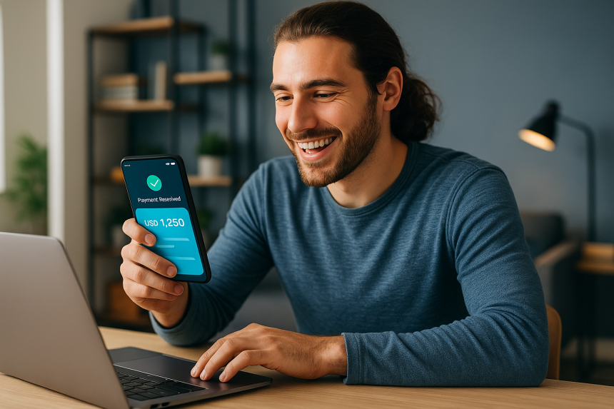 Freelancer receiving instant payment via mobile app using earned wage access platform