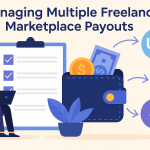 Freelancer managing payouts from multiple marketplaces with wallet and platform icons