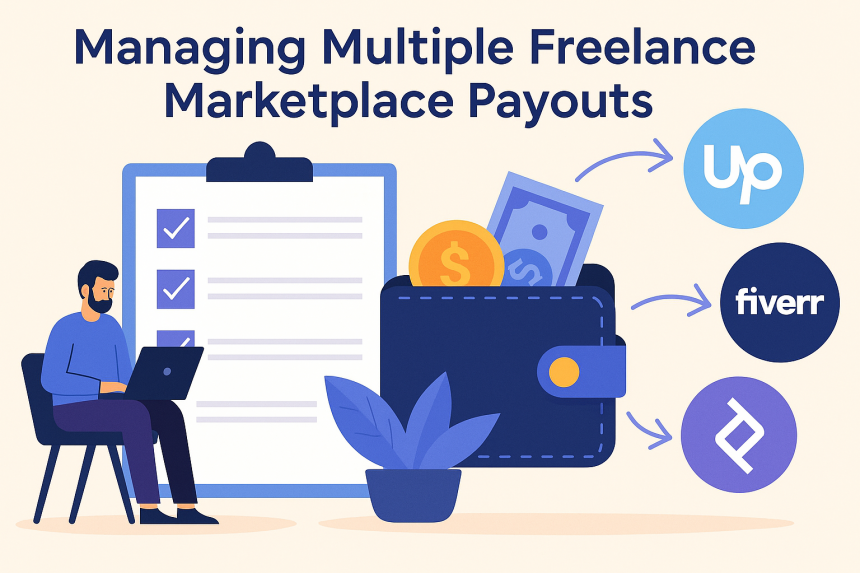 Freelancer managing payouts from multiple marketplaces with wallet and platform icons