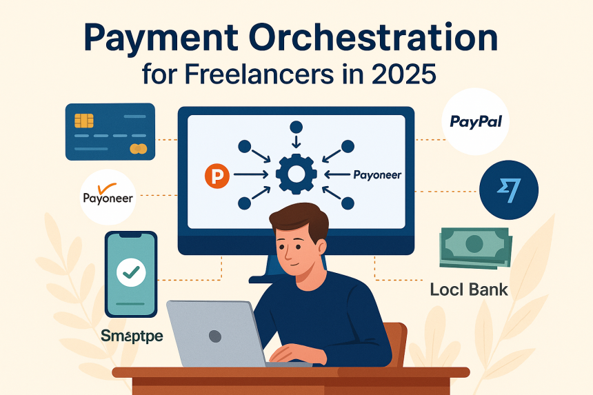 Illustration of a freelancer managing finances and international payments online in 2025