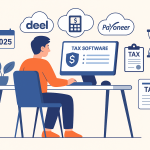 Flat illustration of freelancer using tax software and payment tools for withholding compliance in 2025