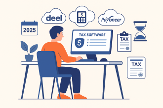 Flat illustration of freelancer using tax software and payment tools for withholding compliance in 2025