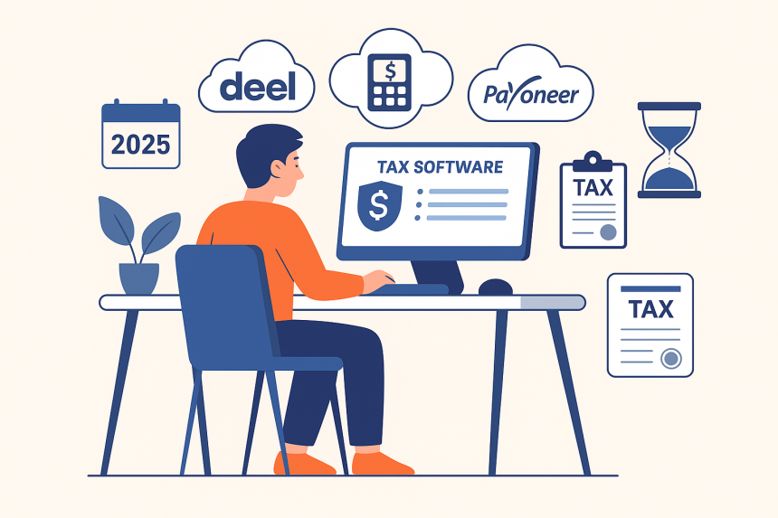 Flat illustration of freelancer using tax software and payment tools for withholding compliance in 2025