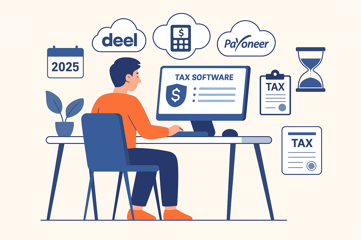 Flat illustration of freelancer using tax software and payment tools for withholding compliance in 2025