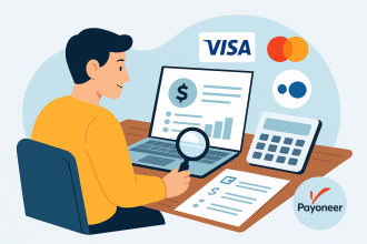 Freelancer analyzing Visa and Mastercard payment fees with Payoneer dashboard