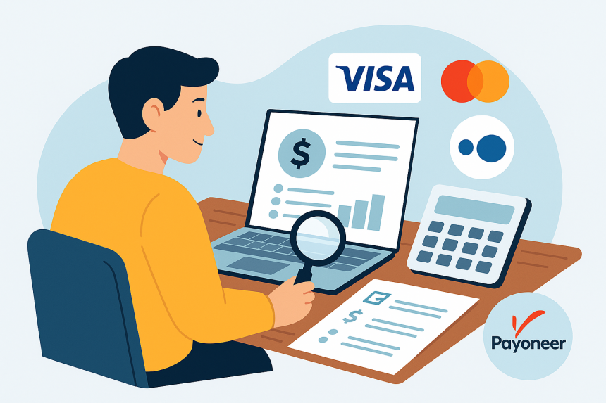 Freelancer analyzing Visa and Mastercard payment fees with Payoneer dashboard