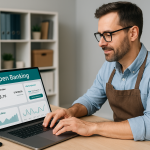 Small business owner managing payments via Open Banking dashboard on laptop