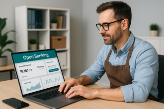 Small business owner managing payments via Open Banking dashboard on laptop