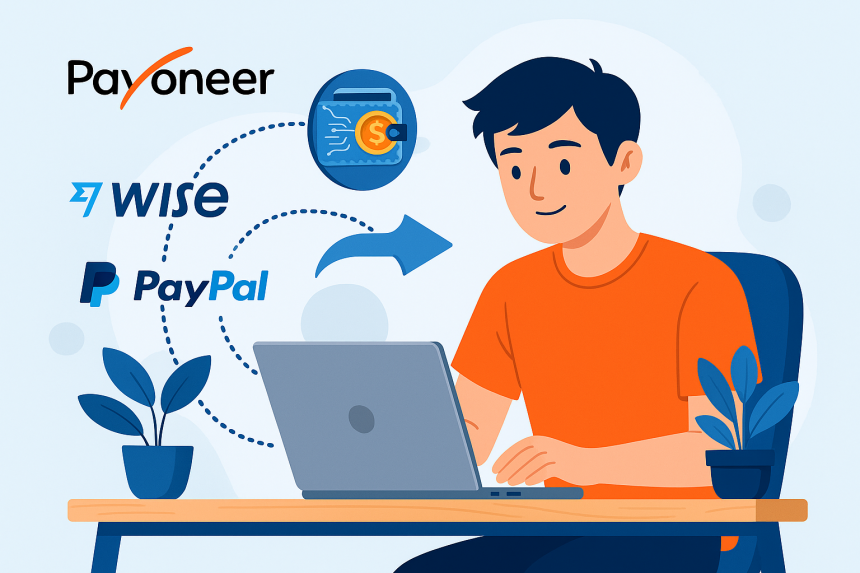 Asian freelancer using laptop to receive payments via Payoneer, Wise, and PayPal