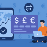 Wide illustration of freelancers managing multi-currency accounts in 2025 with digital banking tools