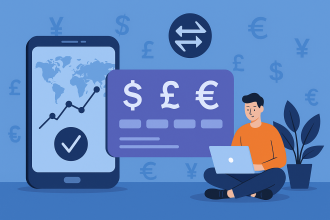 Wide illustration of freelancers managing multi-currency accounts in 2025 with digital banking tools