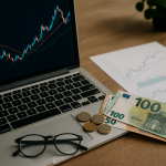 ETF investing for remote workers in 2025 — laptop with stock chart, euro banknotes and glasses on desk