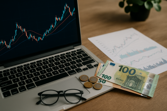 ETF investing for remote workers in 2025 — laptop with stock chart, euro banknotes and glasses on desk