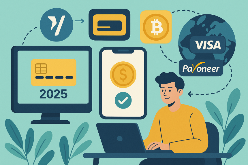 Flat digital illustration showing various freelancer payment methods and platforms in 2025