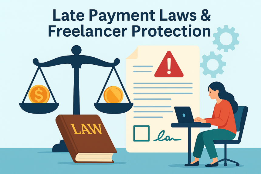 Flat-style illustration showing a freelancer concerned about late payments
