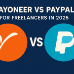 Flat-style illustration comparing Payoneer and PayPal for freelancers in 2025