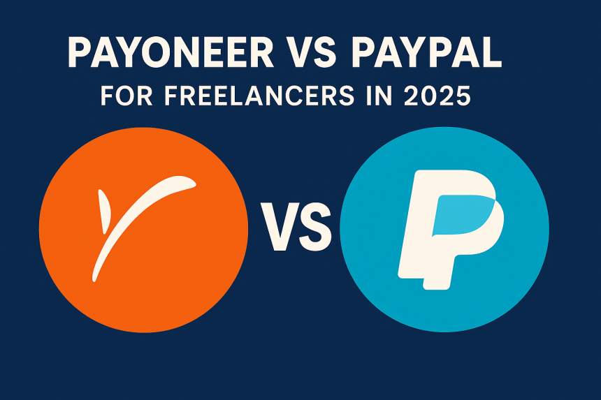 Flat-style illustration comparing Payoneer and PayPal for freelancers in 2025