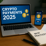 Freelancer using laptop and smartphone for crypto payments in 2025 with Bitcoin and Ethereum icons