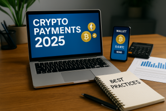 Freelancer using laptop and smartphone for crypto payments in 2025 with Bitcoin and Ethereum icons