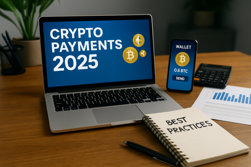 Freelancer using laptop and smartphone for crypto payments in 2025 with Bitcoin and Ethereum icons