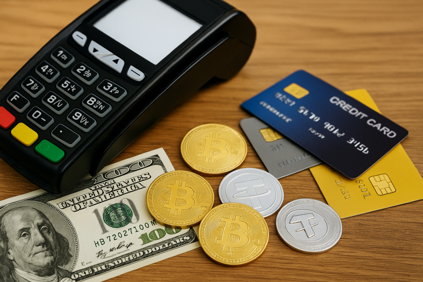 Modern payment methods including cash, cards, and cryptocurrencies representing payment trends in 2025