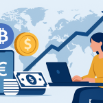 Digital illustration showing freelancer using modern global payment alternatives to SWIFT with cryptocurrency and fiat currency symbols