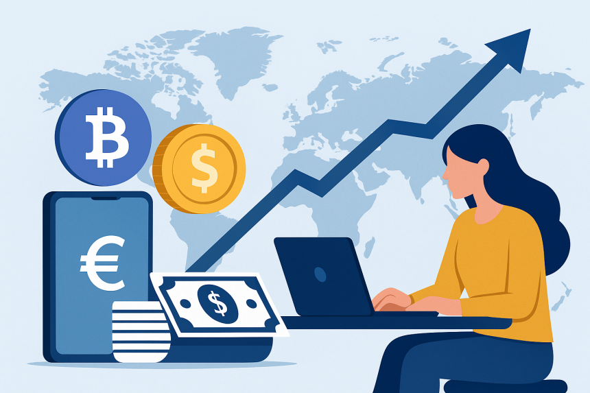 Digital illustration showing freelancer using modern global payment alternatives to SWIFT with cryptocurrency and fiat currency symbols