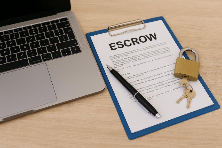 secure escrow payment workspace with laptop and contract for freelancers in 2025