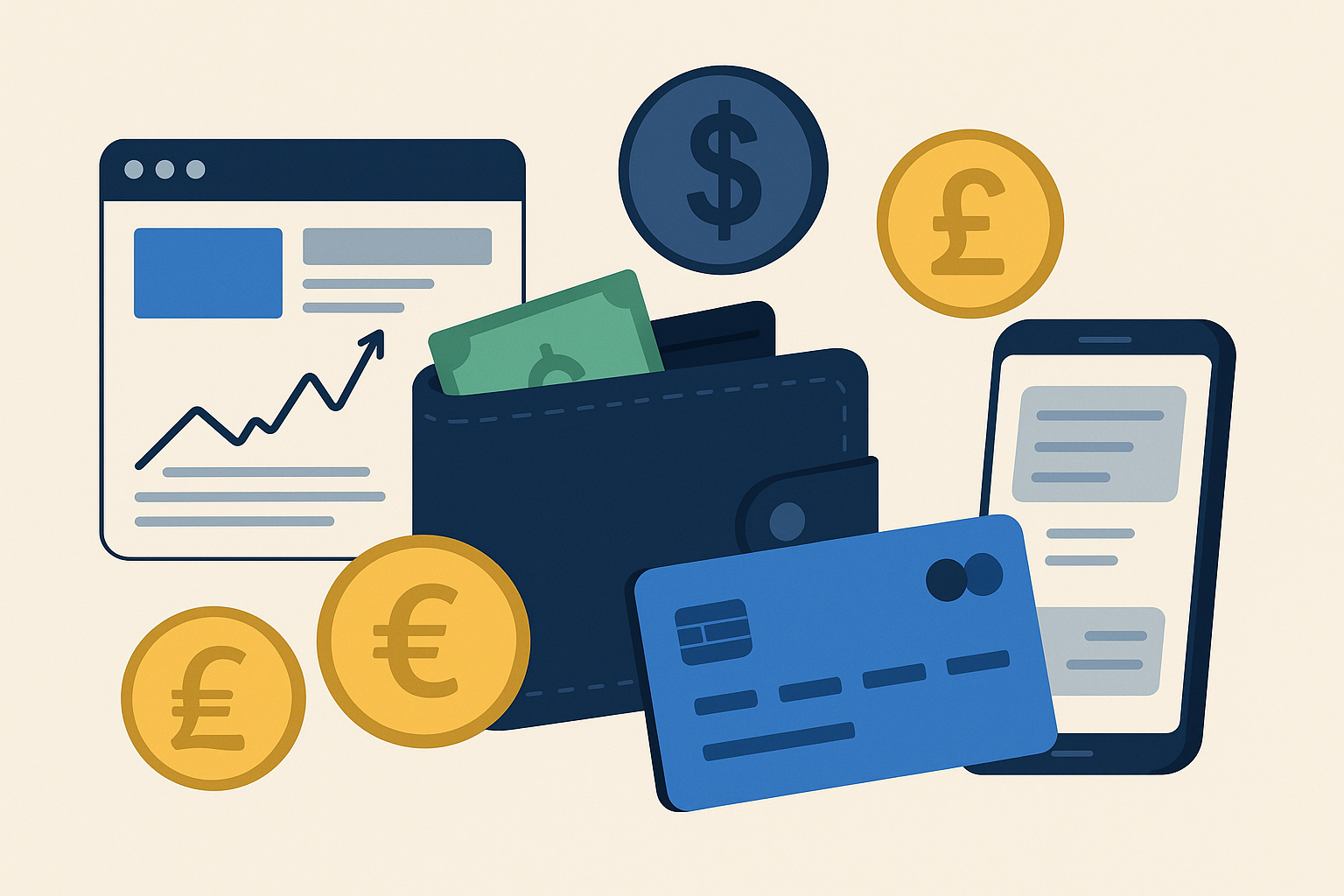 digital illustration showing multi-currency wallet and payment tools for freelancers in 2025