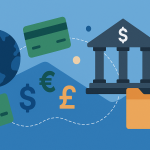 Wide abstract illustration of global banking with cards, currencies, and a bank building symbolizing U.S. client payments for freelancers.
